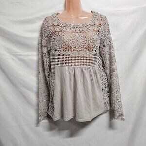 Sundance Boho Crochet Top Blouse Women Size S Gray Cotton